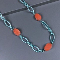 Collana a Catena di Alluminio Verde-Aqua con Agata Fucsia Forma Tondo Liscio