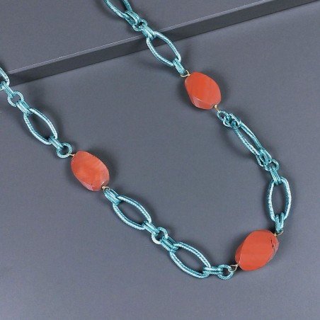 Collana a Catena di Alluminio Verde-Aqua con Agata Fucsia Forma Tondo Liscio
