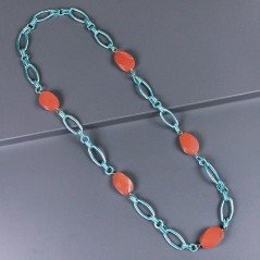 Collana a Catena di Alluminio Verde-Aqua con Agata Fucsia Forma Tondo Liscio