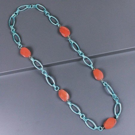 Collana a Catena di Alluminio Verde-Aqua con Agata Fucsia Forma Tondo Liscio