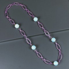 Collana a Catena di Alluminio Viola con Agata Bianca Forma Tondo Sfacettato