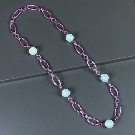 Collana a Catena di Alluminio Viola con Agata Bianca Forma Tondo Sfacettato