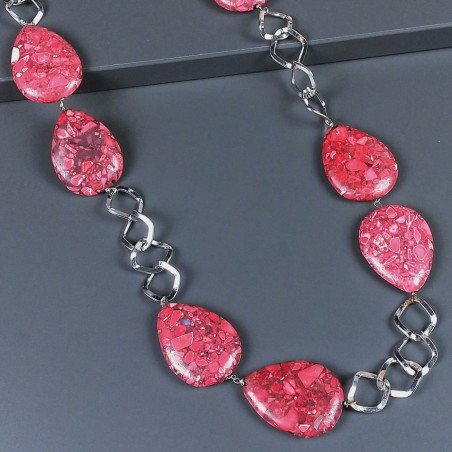 Collana a Catena di Ottone Rombo con Pasta di Turchese Rosa Forma Tondo Piatto