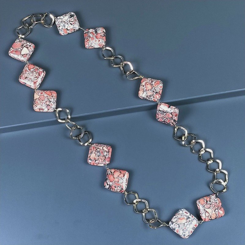 Collana a Catena di Ottone Rombo con Pasta di Turchese Rosa Forma Rombo Piatto