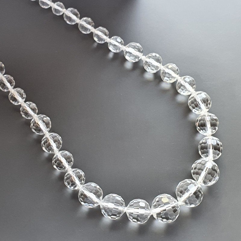 Collana girocollo cristallo di rocca sferico sfac 7-16 mm graduazione annodato