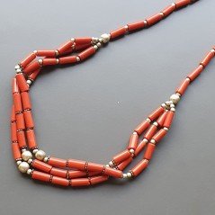 Collana girocollo corallo bambo  tubetto con ottone argentato satinato liscio