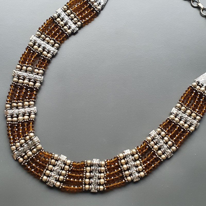 Collana girocollo egiziana cristallo ambra rondelle sfac e ottone argentato lavorato sferico liscio