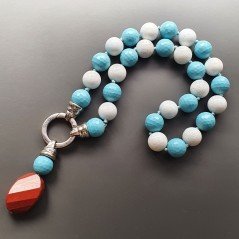 Collana girocollo pasta di turchese (A) sferico sfac con pietre dure miste sferiche lisce 14 mm annodato con pendente
