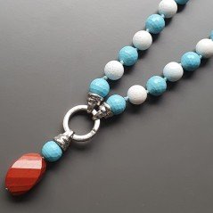 Collana girocollo pasta di turchese (A) sferico sfac con pietre dure miste sferiche lisce 14 mm annodato con pendente