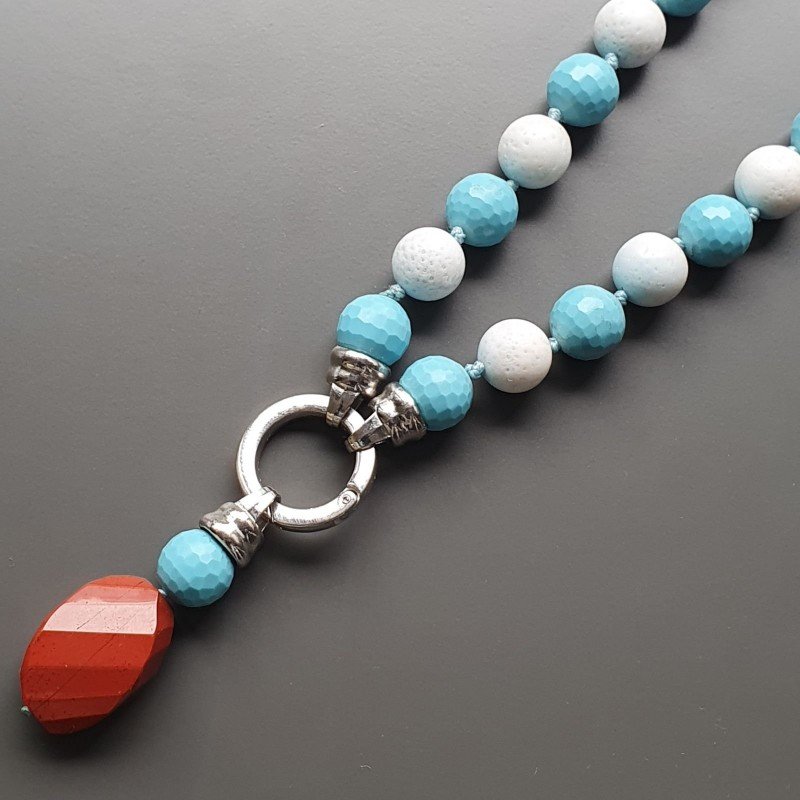Collana girocollo pasta di turchese (A) sferico sfac con pietre dure miste sferiche lisce 14 mm annodato con pendente