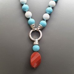 Collana girocollo pasta di turchese (A) sferico sfac con pietre dure miste sferiche lisce 14 mm annodato con pendente