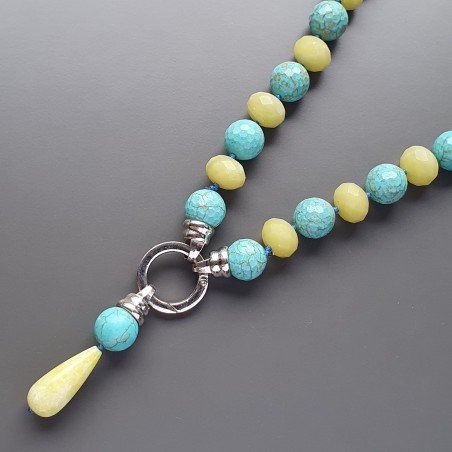 Collana girocollo pasta di turchese sferico sfac 15mm con rondelle di giada oliva annodato con pietre miste e pendente