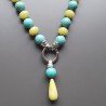 Collana girocollo pasta di turchese sferico sfac 15mm con rondelle di giada oliva annodato con pietre miste e pendente