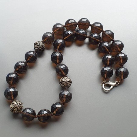 Collana girocollo cristallo fume sferico sfac 16-18 mm con ottone argentato lavorato e cristallo viola moneta sfac annodato