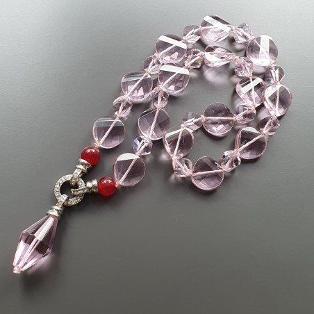 Collana girocollo cristallo rosa moneta twist sfac e ciondolo forma rombo sfac annodato con chiusura cerchietti