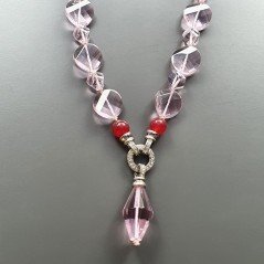 Collana girocollo cristallo rosa  moneta twist sfac e ciondolo forma rombo sfac annodato con chiusura cerchietti