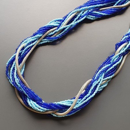 Collana girocollo cristalloo blu e azzurro tochom con argento indiano infilato