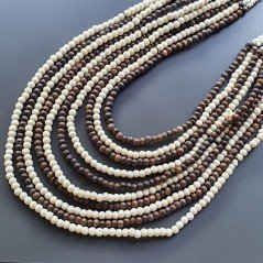 Collana girocollo legno tondo liscio marrone e crema con perline cristallo bianco annodato