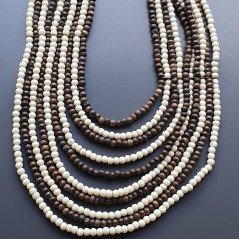 Collana girocollo legno tondo liscio marrone e crema con perline cristallo bianco annodato