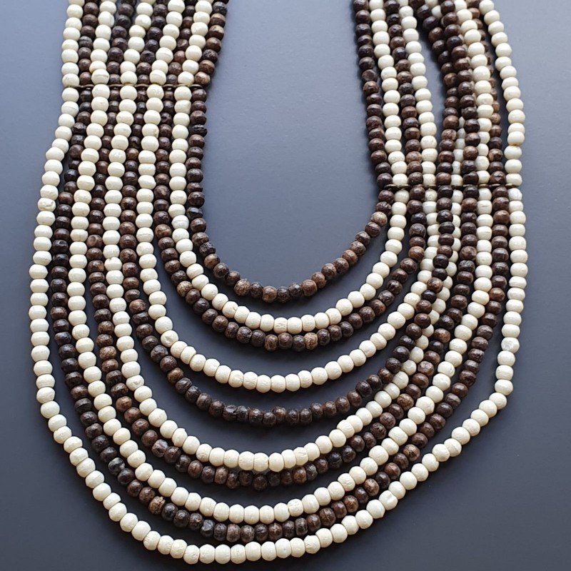 Collana girocollo legno tondo liscio marrone e crema con perline cristallo bianco annodato