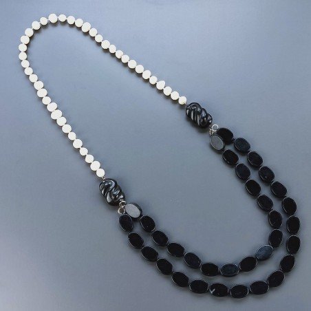 Collane agata nera ovale liscio 13x18 mm annodato con perle di fiume acqua dolce