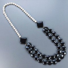Collane agata nera moneta liscio 20 mm annodato con perle di fiume acqua dolce