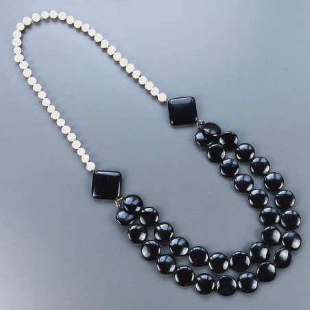 Collane agata nera moneta liscio 20 mm annodato con perle di fiume acqua dolce