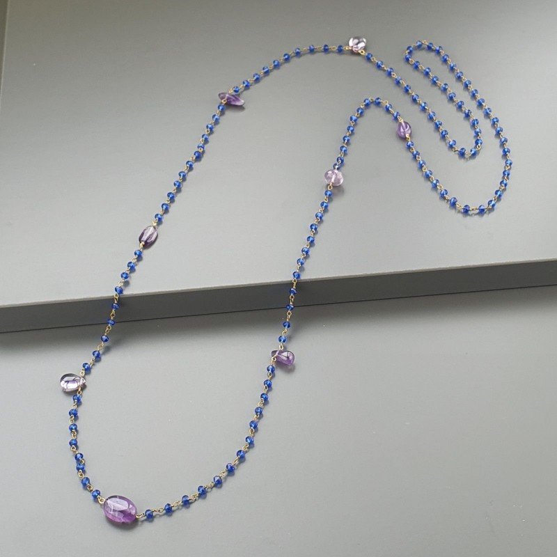 Collana A Nodo Orafo Dorato Con Cristallo Blu E Ametista