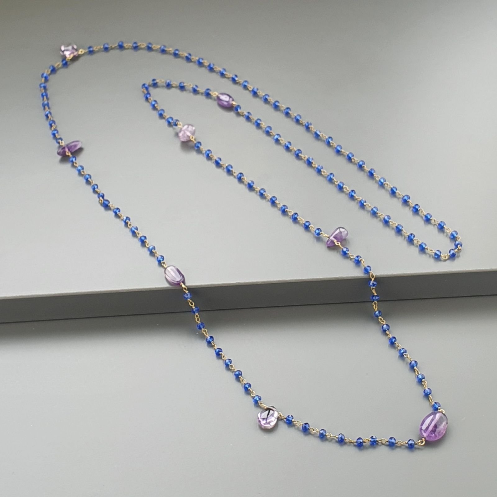 Collana A Nodo Orafo Dorato Con Cristallo Blu E Ametista