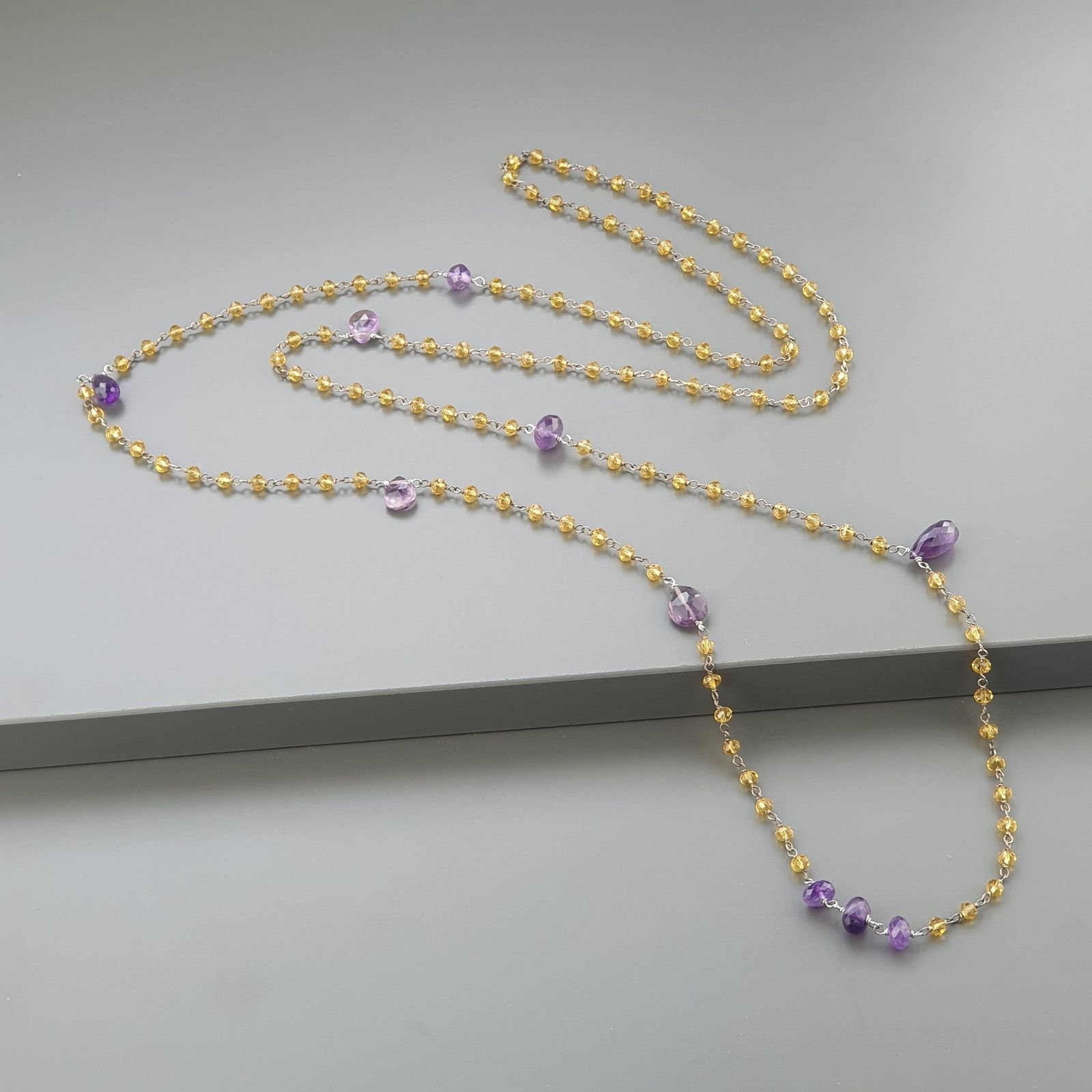 Collana A Nodo Orafo Argentato Con Cristallo Giallo,Ametista E Ametista Idrotermale