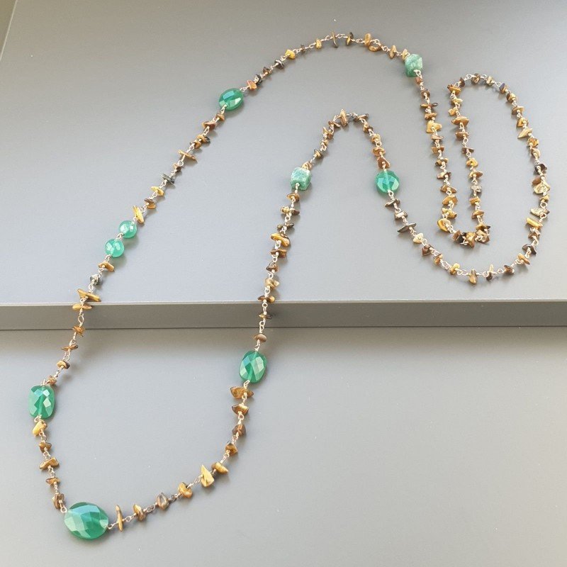Collana A Nodo Orafo Rosato Con Occhio Di Tigre,Onice Verde E Giada