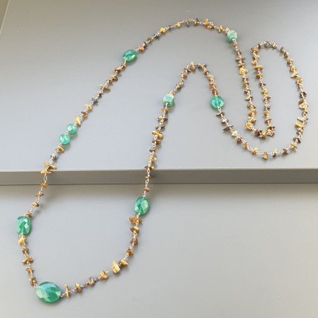 Collana A Nodo Orafo Rosato Con Occhio Di Tigre,Onice Verde E Giada
