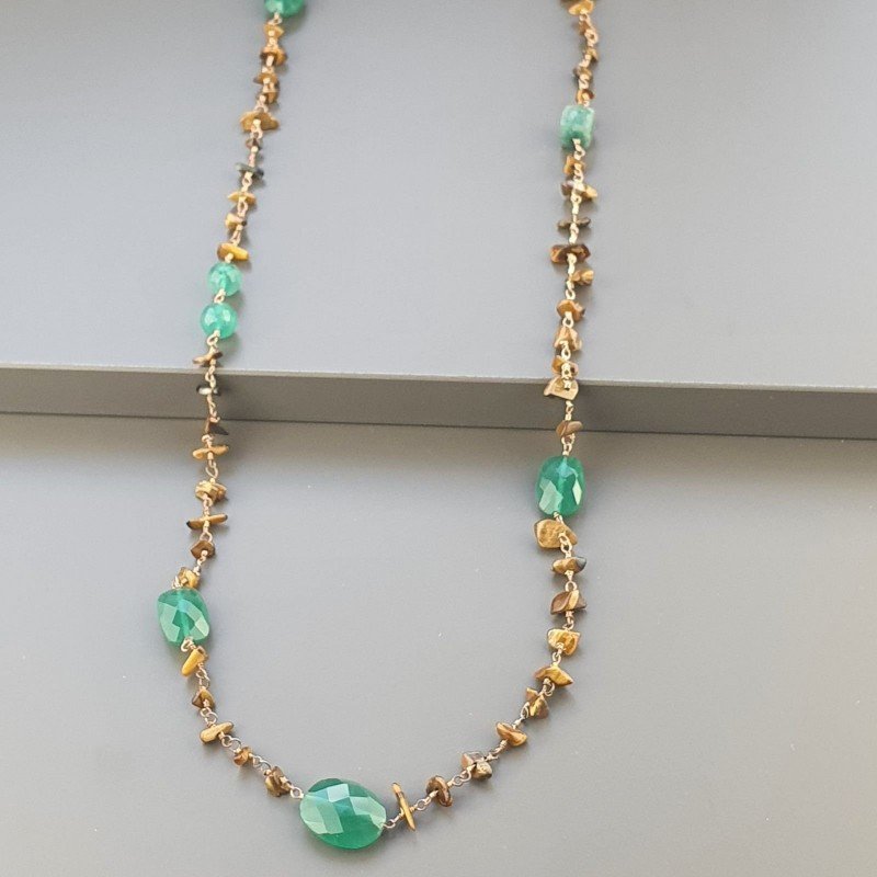 Collana A Nodo Orafo Rosato Con Occhio Di Tigre,Onice Verde E Giada