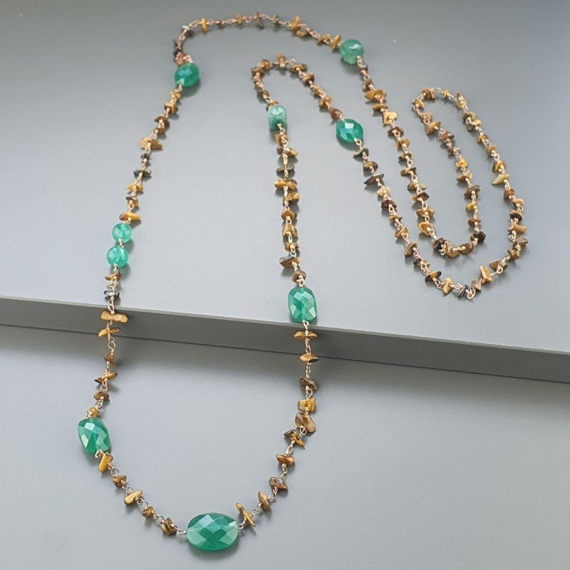 Collana A Nodo Orafo Rosato Con Occhio Di Tigre,Onice Verde E Giada