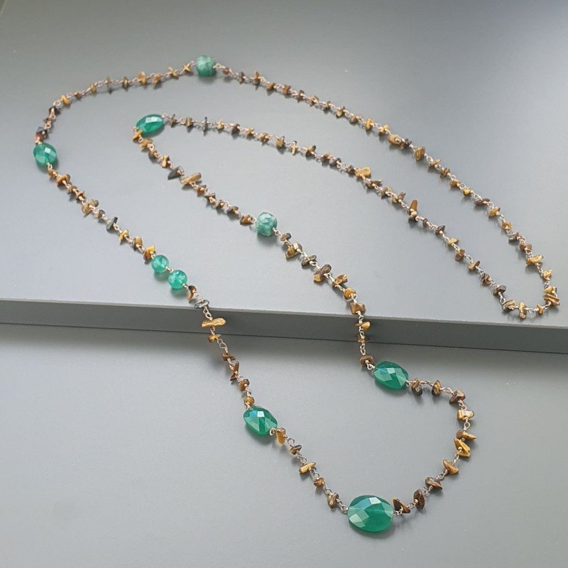 Collana A Nodo Orafo Rosato Con Occhio Di Tigre,Onice Verde E Giada