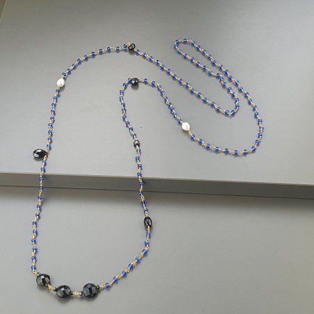 Collana A Nodo Orafo Dorato Con Cristallo Blu,Spinello Nero,Onice Nera E Perle Di Fiume