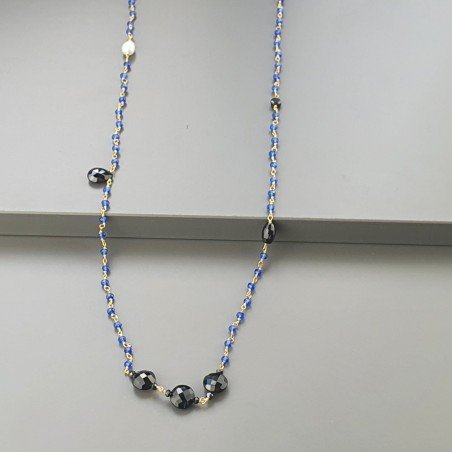 Collana A Nodo Orafo Dorato Con Cristallo Blu,Spinello Nero,Onice Nera E Perle Di Fiume