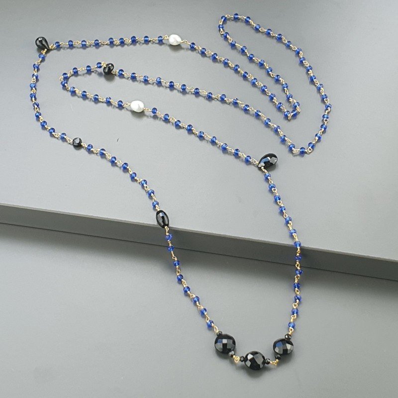 Collana A Nodo Orafo Dorato Con Cristallo Blu,Spinello Nero,Onice Nera E Perle Di Fiume Collana A Nodo Orafo Dorato Con Cristallo Blu,Spinello Nero,Onice Nera E Perle Di Fiume