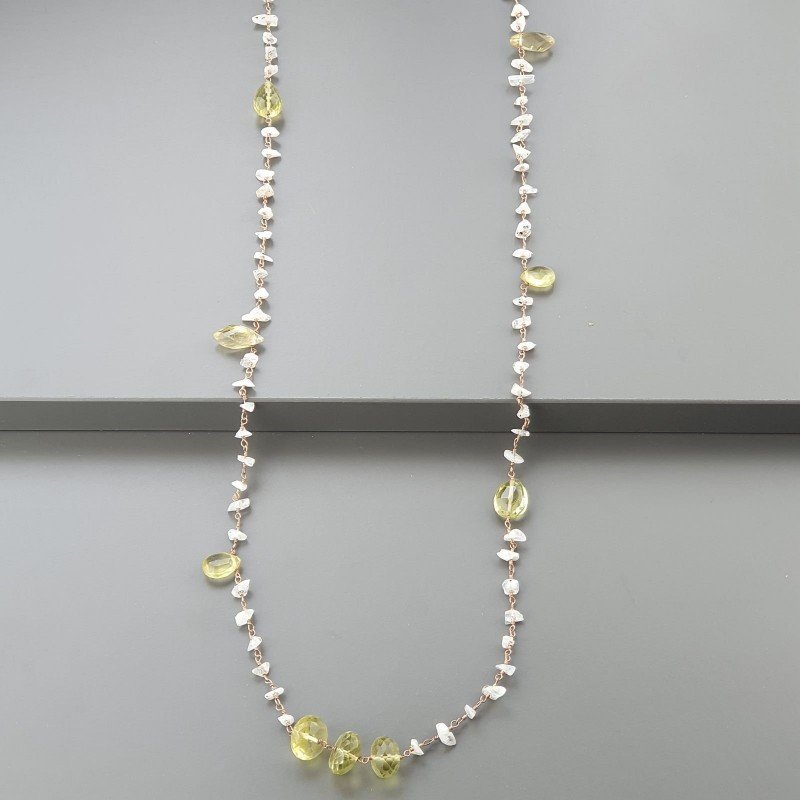 Collana A Nodo Orafo Rosato Con Labradorite Bianca,Quarzo Limone E Quarzo Limone Idrotermale