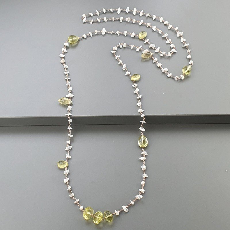 Collana A Nodo Orafo Rosato Con Labradorite Bianca,Quarzo Limone E Quarzo Limone Idrotermale