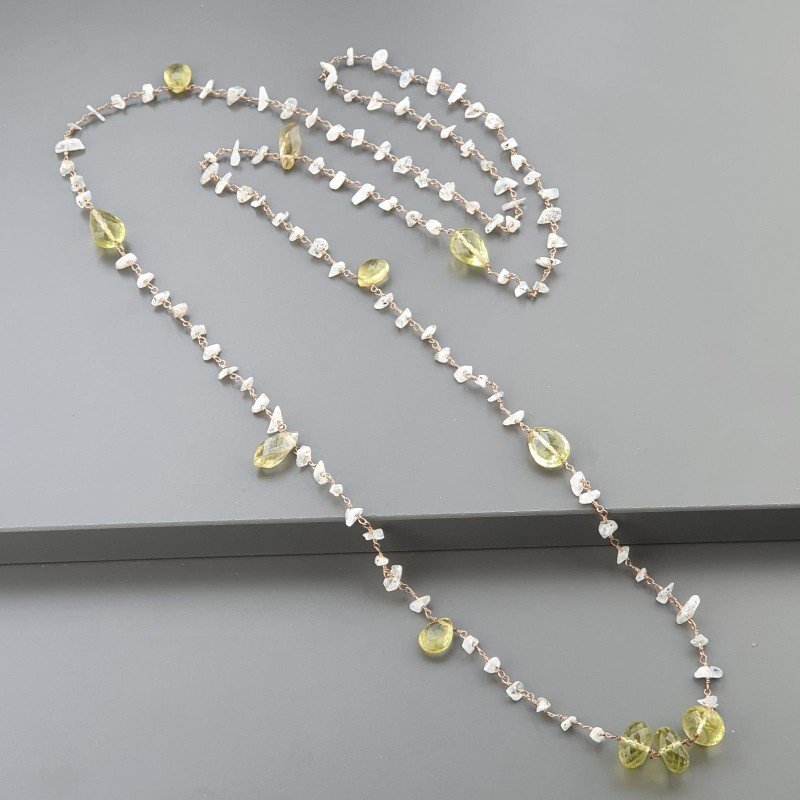 Collana A Nodo Orafo Rosato Con Labradorite Bianca,Quarzo Limone E Quarzo Limone Idrotermale