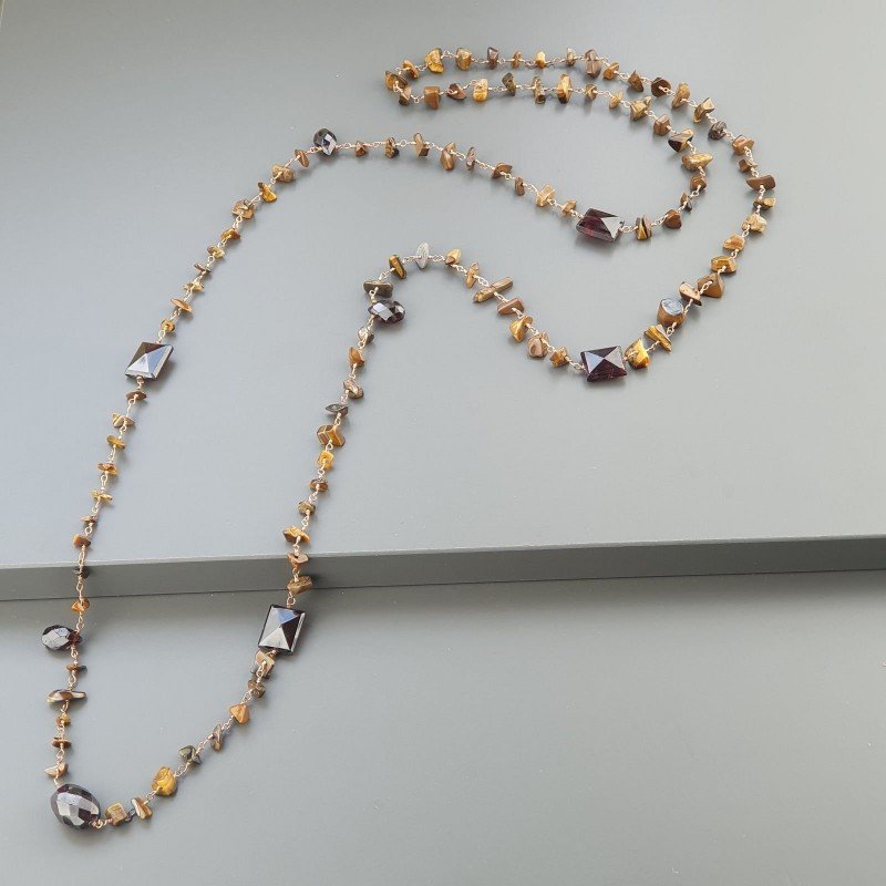 Collana A Nodo Orafo Rosato Con Occhio Di Tigre E Granato