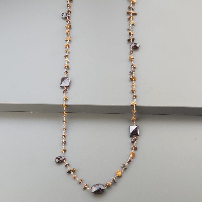 Collana A Nodo Orafo Rosato Con Occhio Di Tigre E Granato