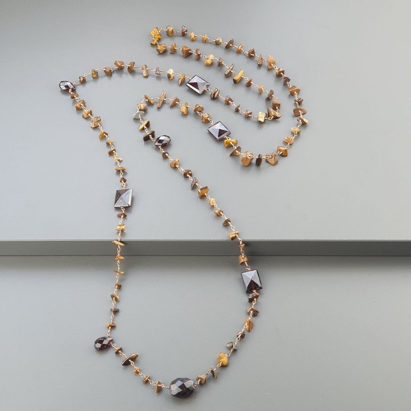 Collana A Nodo Orafo Rosato Con Occhio Di Tigre E Granato