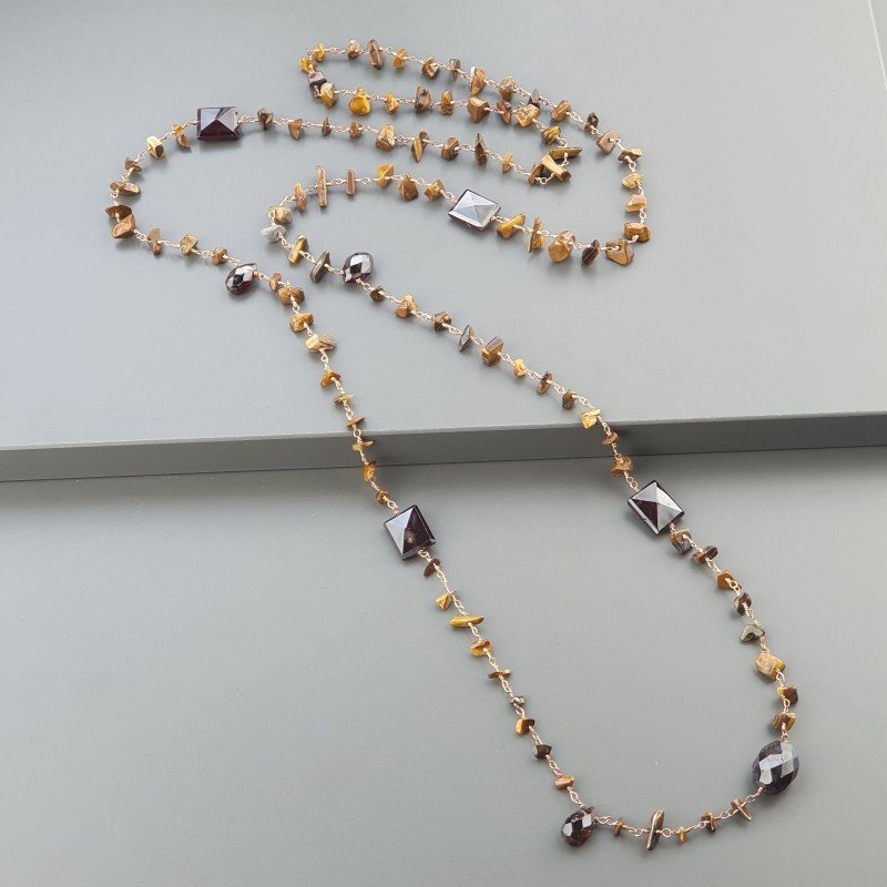 Collana A Nodo Orafo Rosato Con Occhio Di Tigre E Granato
