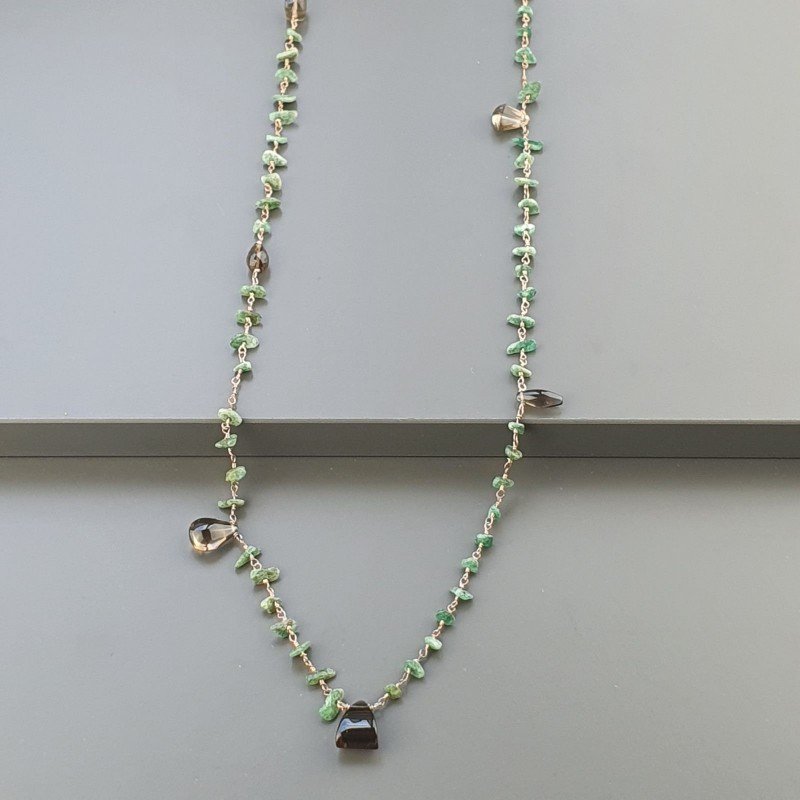 Collana A Nodo Orafo Rosato Con Avventurina Verde E Quarzo Fume