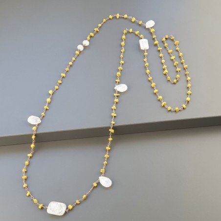 Collana A Nodo Orafo Rosato Con Agata Gialla E Labradorite Bianca