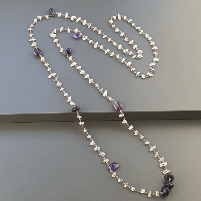 Collana A Nodo Orafo Rosato Con Labradorite Bianca,Ametista Africana E Ametista Idrotermale