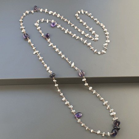 Collana A Nodo Orafo Rosato Con Labradorite Bianca,Ametista Africana E Ametista Idrotermale
