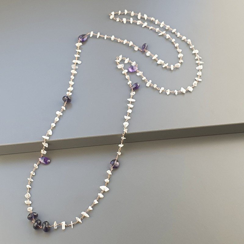 Collana A Nodo Orafo Rosato Con Labradorite Bianca,Ametista Africana E Ametista Idrotermale